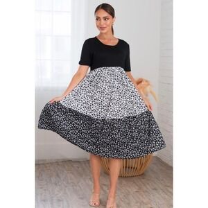 Noracora Women Black White Floral Tiered Midi Dress XL Short Sleeve Colorblock